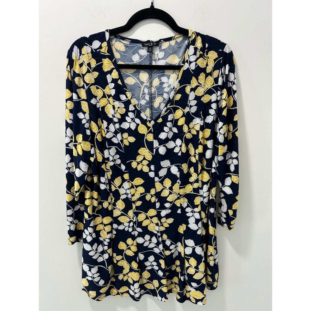 Sami & Jo Plus Womens 1X Navy Yellow Leaf Print V-Neck 3/4 Sleeve Tunic Top